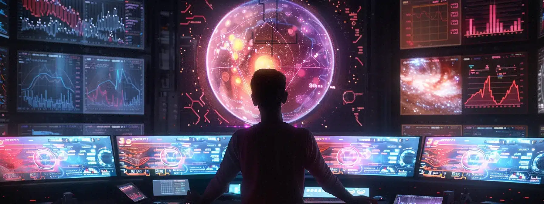 a person analyzing complex data on multiple screens, surrounded by graphs and algorithms, showcasing advanced risk analysis technology in action.