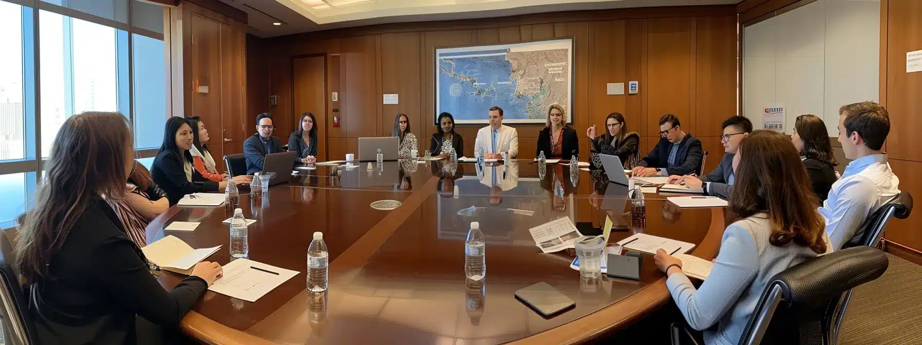 a group of consultants engaged in a detailed discussion on risk management strategies around a conference table.