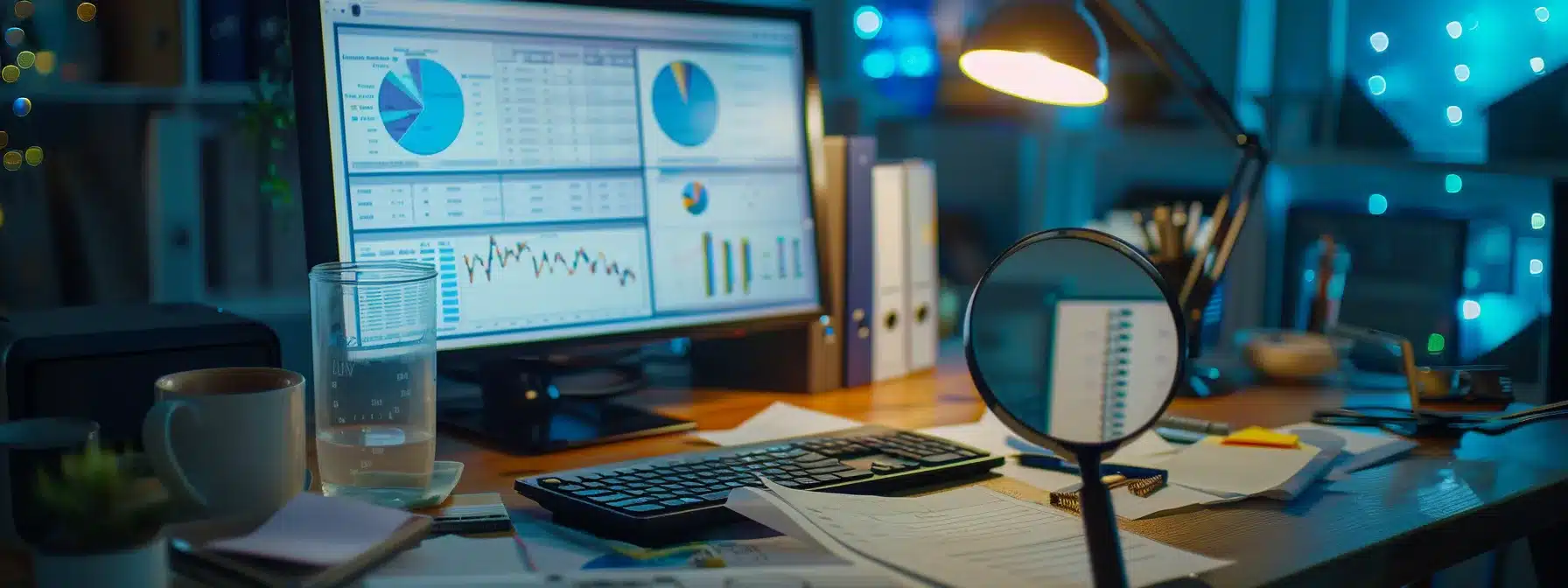 a modern office desk with a computer showing real-time financial data, documents with detailed financial policies and procedures, and a magnifying glass symbolizing thorough audits and risk monitoring.