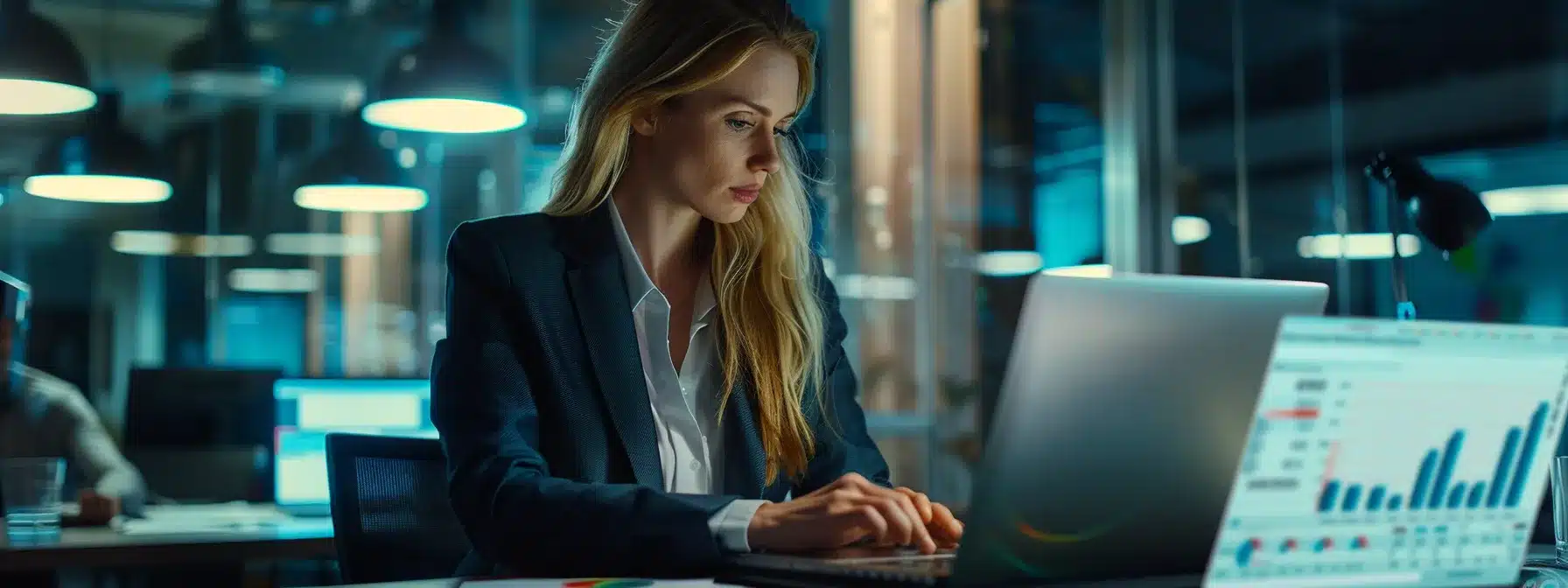 a consultant carefully analyzing data on a laptop, surrounded by charts and graphs, in a modern office setting.