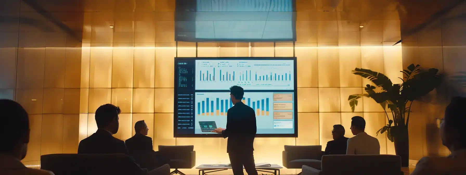 a business consultant analyzing data charts on a large screen, surrounded by a team in a sleek, modern office setting.