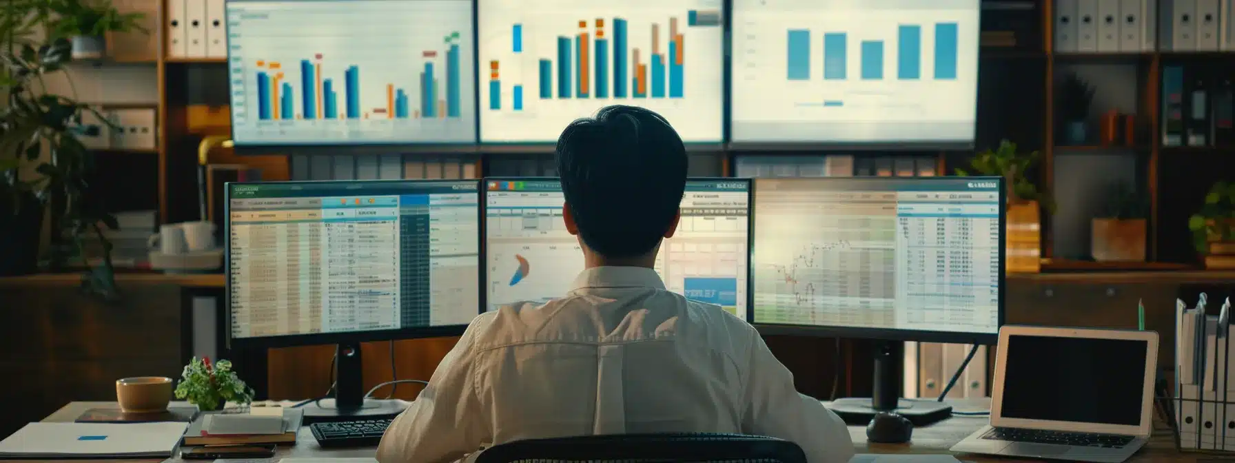 a person diligently reviewing financial data on multiple computer screens in a modern office setting.