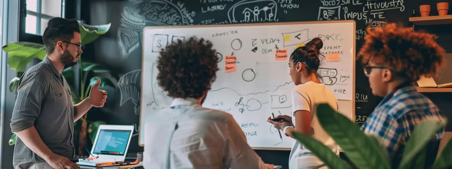 a group of diverse professionals brainstorming ideas on a whiteboard surrounded by high-tech gadgets in a modern office setting.