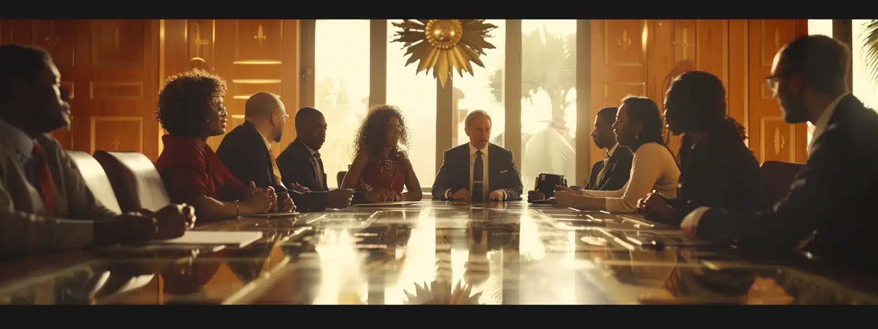 a group of diverse professionals engage in a thoughtful discussion around a conference table adorned with symbols representing various faith traditions.