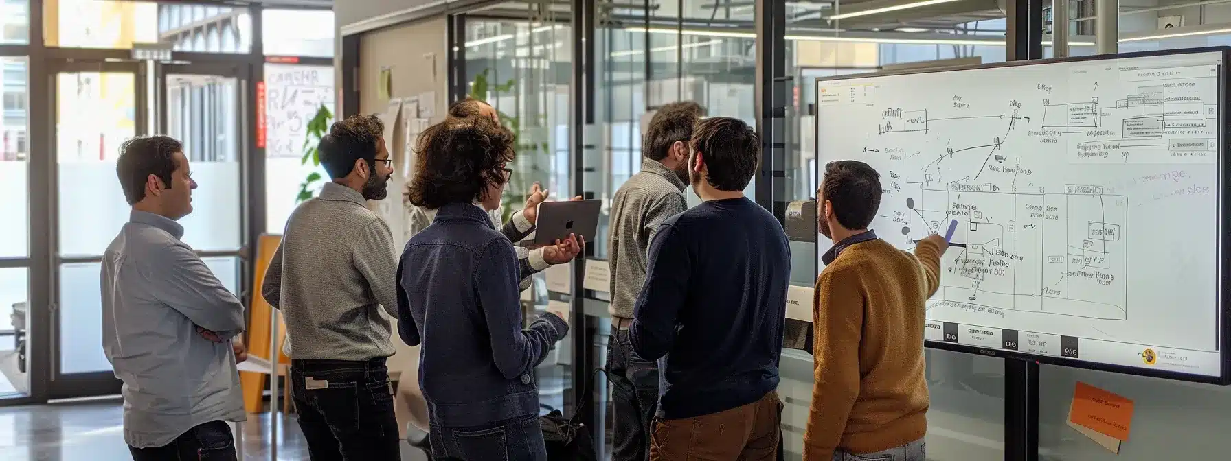 a diverse team gathered around a whiteboard, assigning responsibilities and setting timelines with a sense of collaboration and determination.