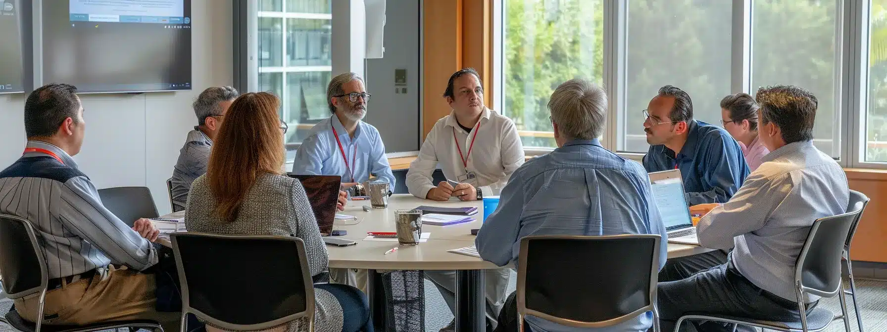 a diverse group of professionals engaged in a focused discussion, emphasizing collaboration and communication for successful risk management.