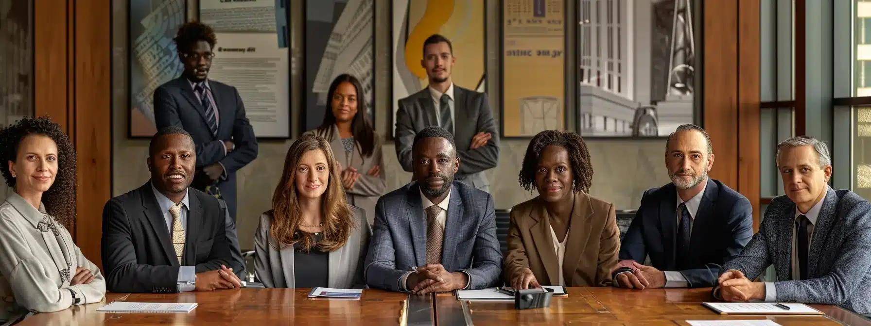 a diverse group of business professionals in a modern office setting, gathered around a conference table with a shared vision board featuring bible verses and strategic goals.