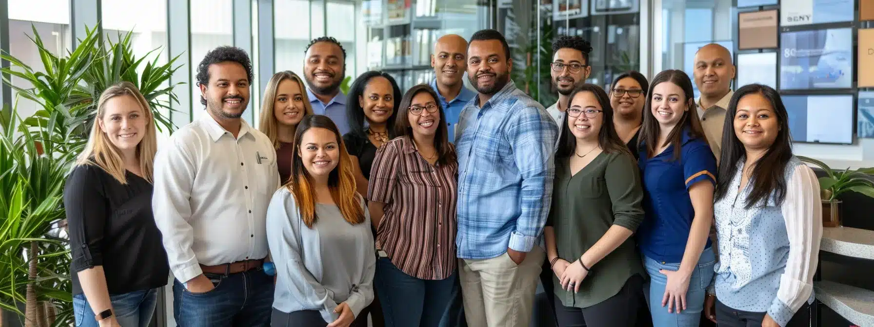 a diverse group of employees in a modern office setting, sharing a moment of teamwork and compassion, reflecting faith-based values in business.