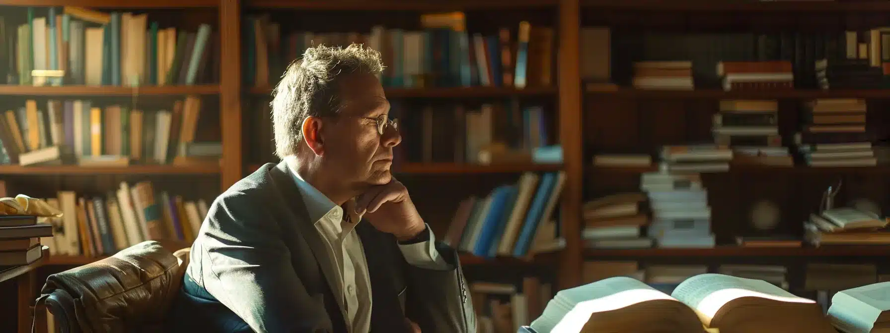 a business leader deep in thought, surrounded by books on ethics and a serene prayer corner, embodying personal growth and ethical leadership.