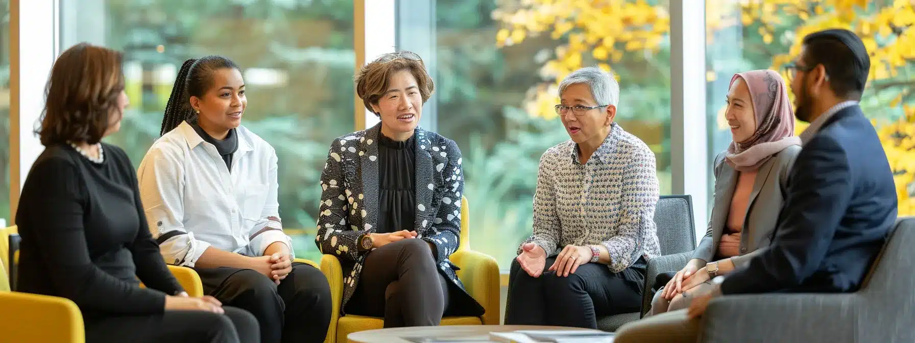 a diverse group of employees from different backgrounds engaging in respectful conversations about their faith in a modern office setting.