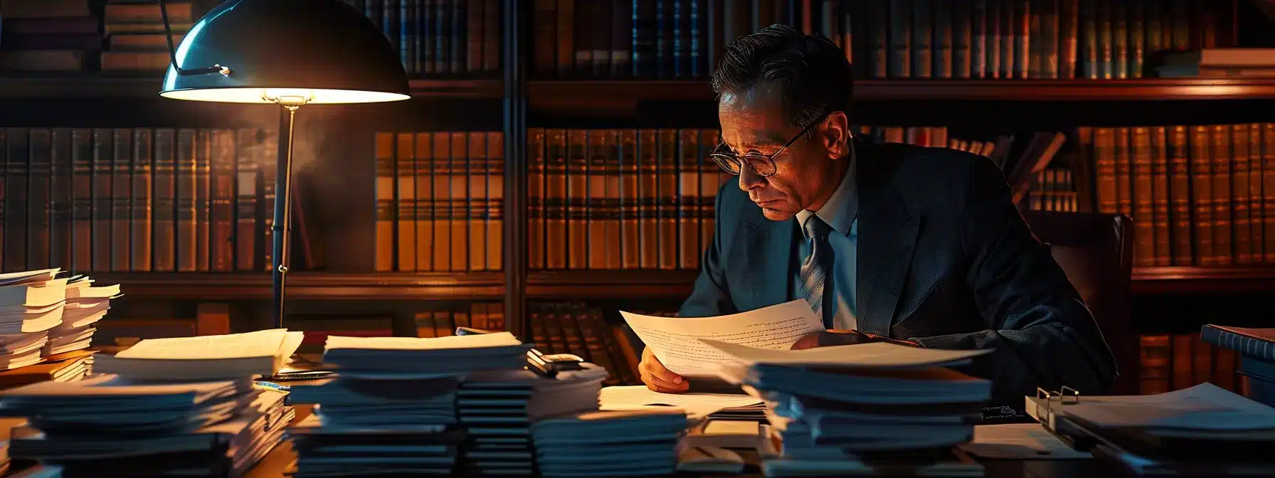 an insurance agent reviewing detailed contracts under the glow of a desk lamp, surrounded by stacks of paperwork, showcasing the meticulous process of transferring risk through insurance and contracts.