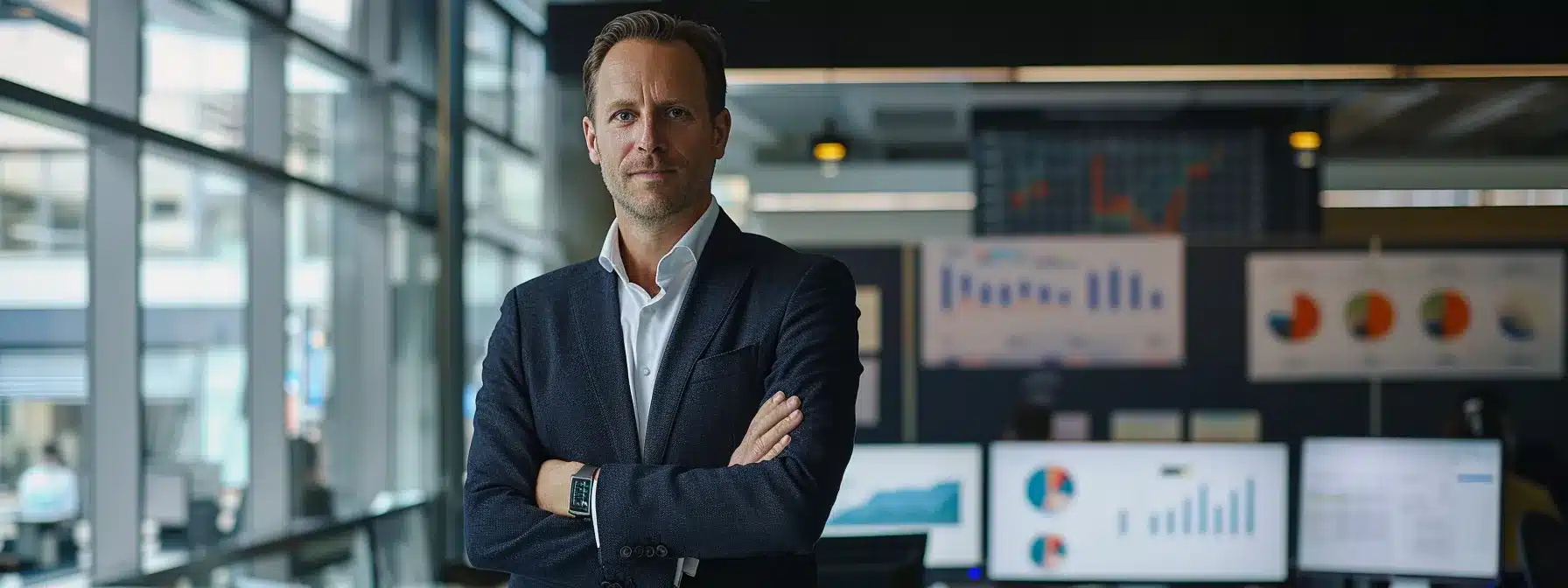 a businessman stands confidently in a modern office, surrounded by charts and graphs illustrating financial hedging and insurance solutions.