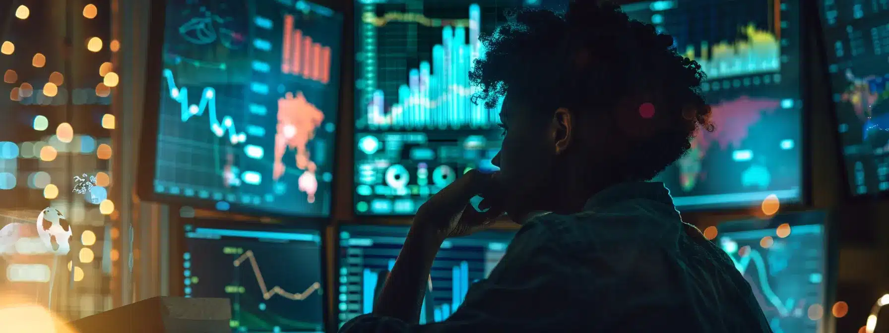 a person surrounded by charts, graphs, and reports, deep in analysis to identify market opportunities and threats.