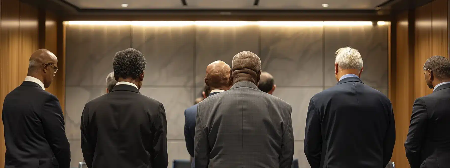 a group of business leaders in a boardroom, heads bowed in prayer, embodying the integration of faith and leadership principles.