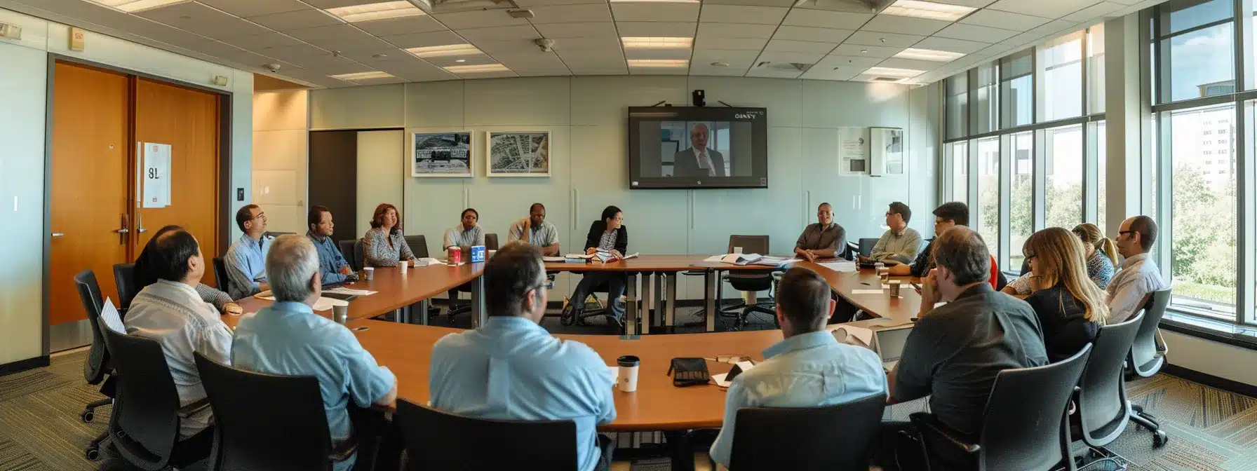 a group of employees gathered around a conference table, attentively listening to a financial expert presenting clear policies and procedures for internal controls and governance.