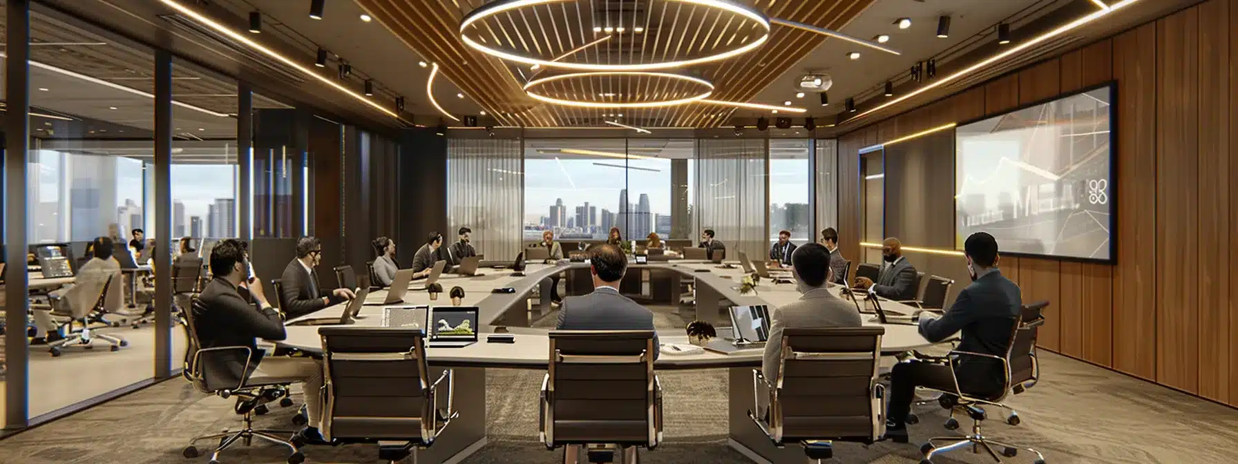 a bustling office boardroom filled with high-powered executives exchanging ideas and strategizing for business transformation success.