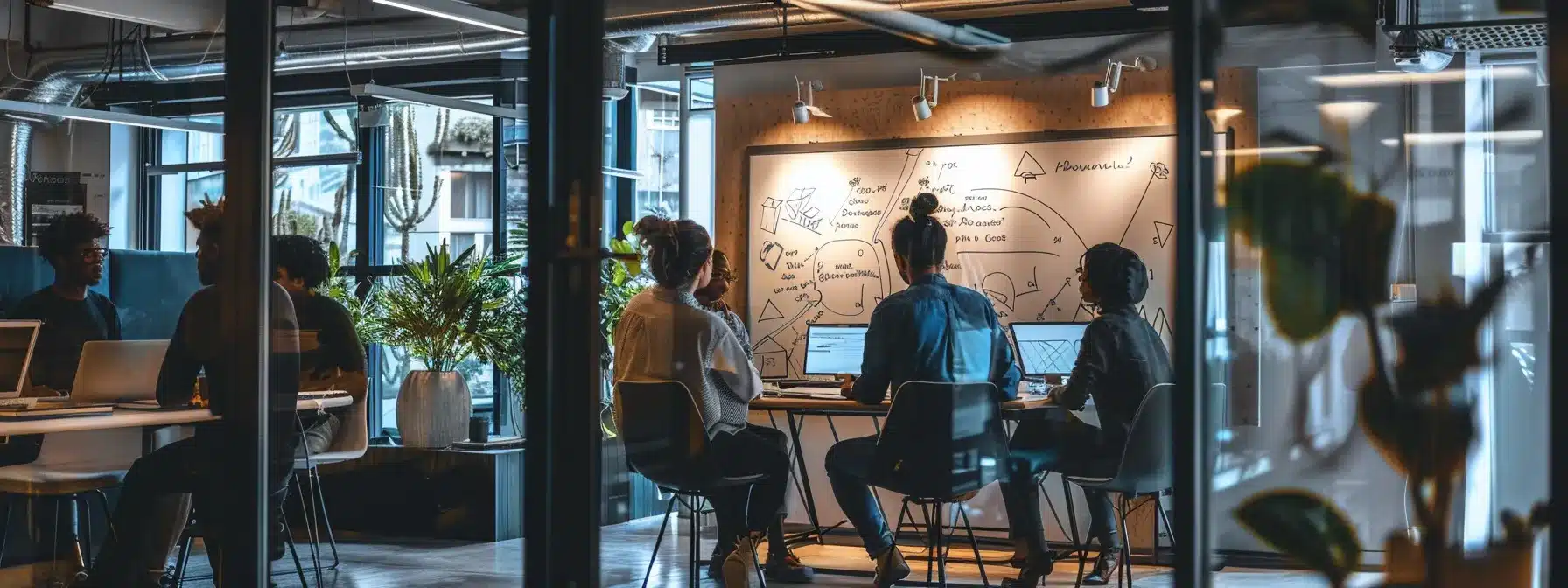 a diverse team collaboratively brainstorming and sketching out innovative solutions on a whiteboard in a modern office setting.