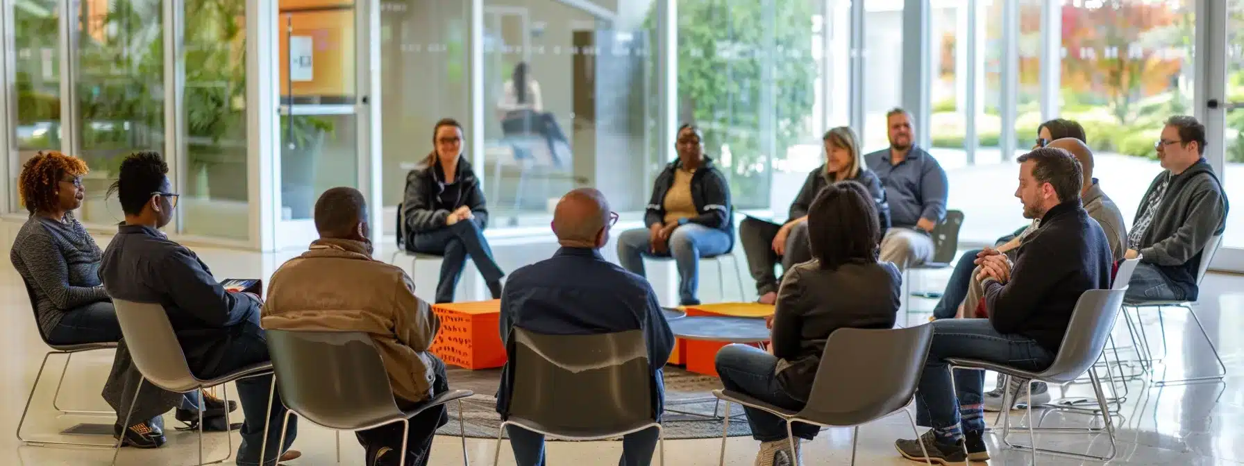 a diverse group of employees engaging in open dialogue, surrounded by educational resources and mentorship programs, symbolizing a supportive transition to a culture integrating christian values and inclusivity.