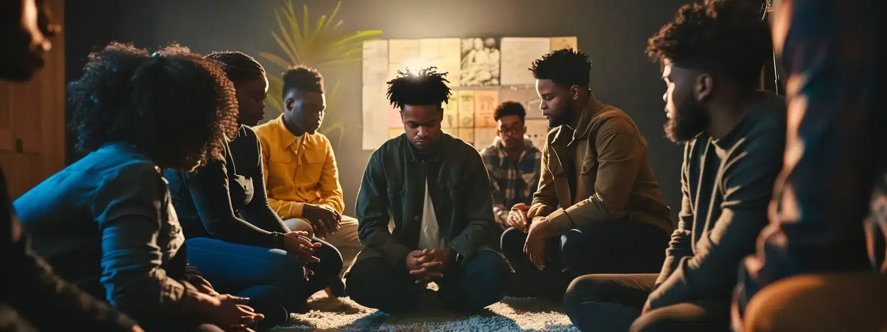 a leader kneeling in prayer with a vision board of faith-based goals behind them, surrounded by a team in a circle, heads bowed in unity and reverence.