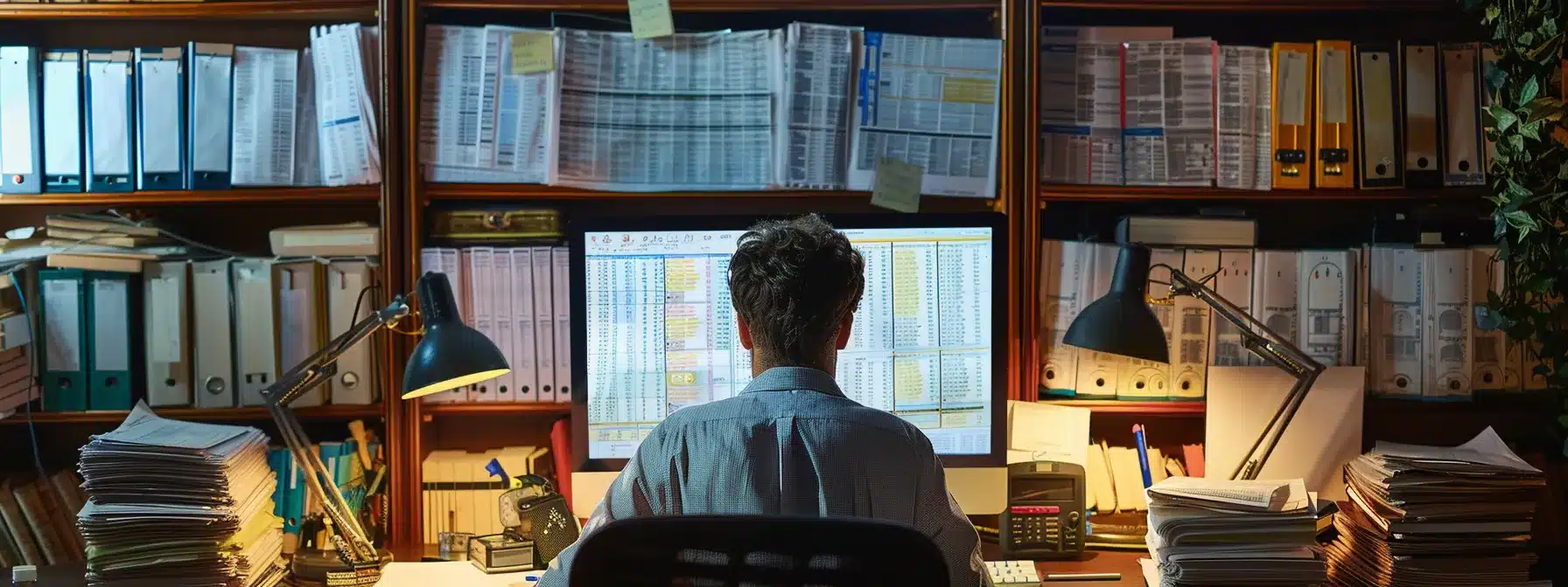 a businessman diligently monitoring a digital cash flow chart on a large computer screen, surrounded by stacks of organized invoices and receipts.