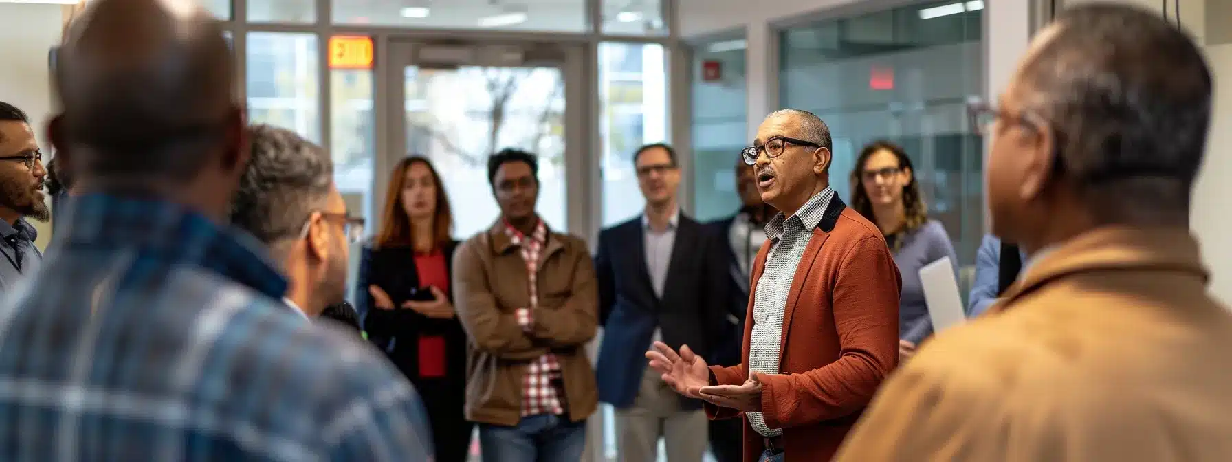 a group of diverse employees gathered around a compassionate leader, listening attentively as he shares words of wisdom and encouragement.