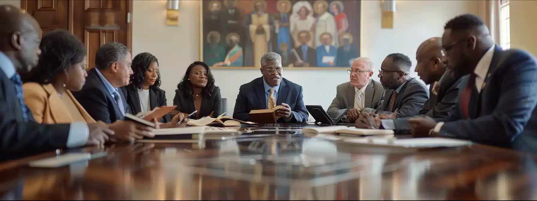 a group of diverse professionals gathered around a conference table, engaging in a deep discussion with open bibles and thoughtful expressions, reflecting faith-driven leadership in the workplace.