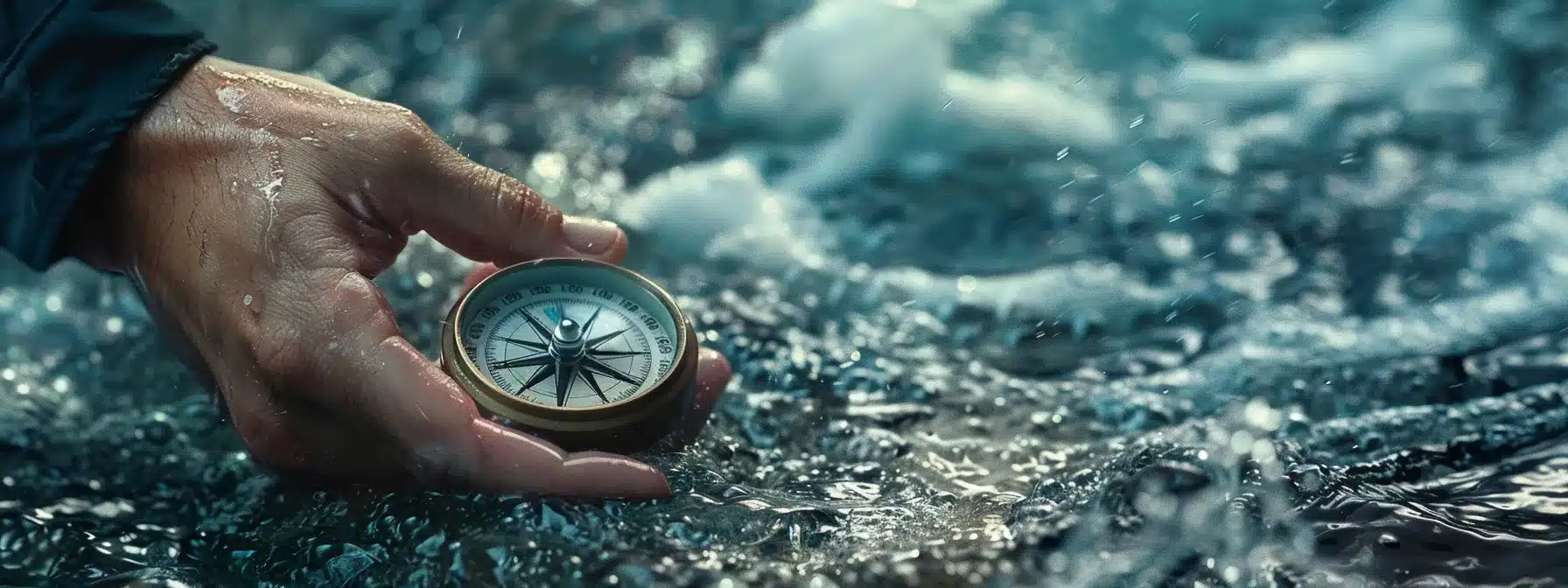 a confident businessman navigating turbulent waters with a compass in hand, symbolizing successful financial risk management leading to stability and cost savings in a dynamic business environment.