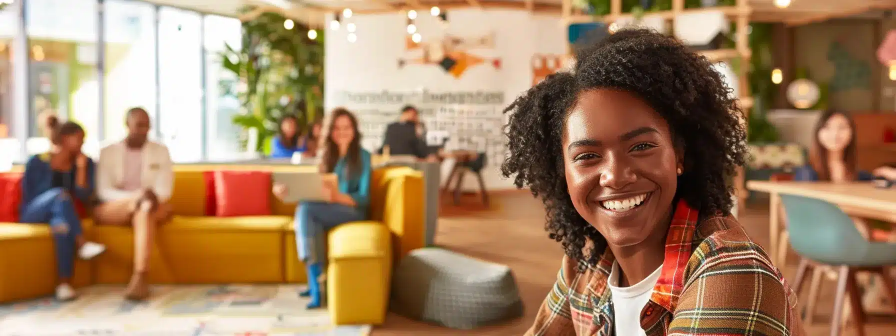 a diverse group of employees smiling and working collaboratively in a modern office space decorated with inspirational quotes and religious symbols.