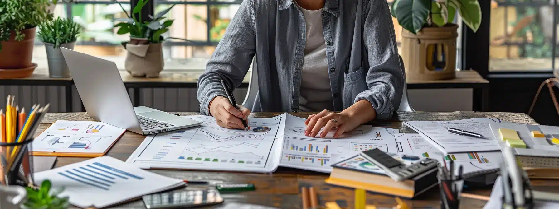 a person sits at a sleek desk with a laptop, charts, and graphs, meticulously mapping out a strategic business plan.