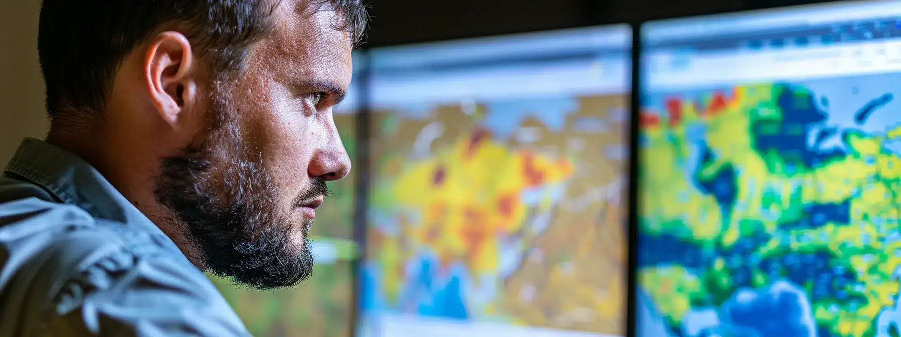 a focused risk officer reviewing a monitor displaying climate change and crime data, adapting strategies for enhanced resilience.