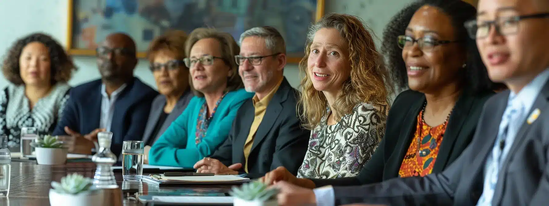 a group of christian business leaders in a boardroom, with a diverse mix of genders and ethnicities, showing mutual respect and collaboration as they discuss their faith-driven strategies for success.