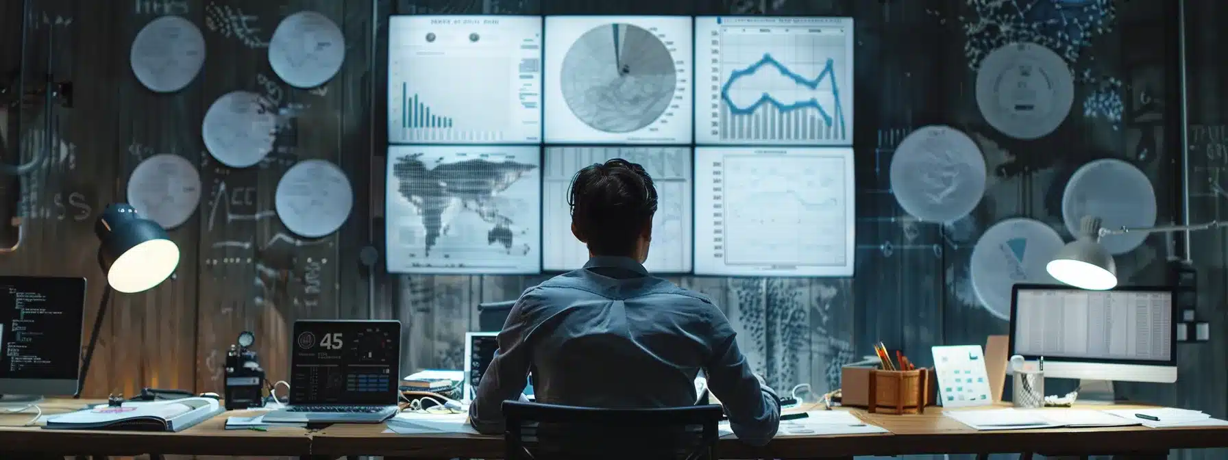 a focused entrepreneur surrounded by charts and graphs, mapping out a unique value proposition while analyzing competitors.