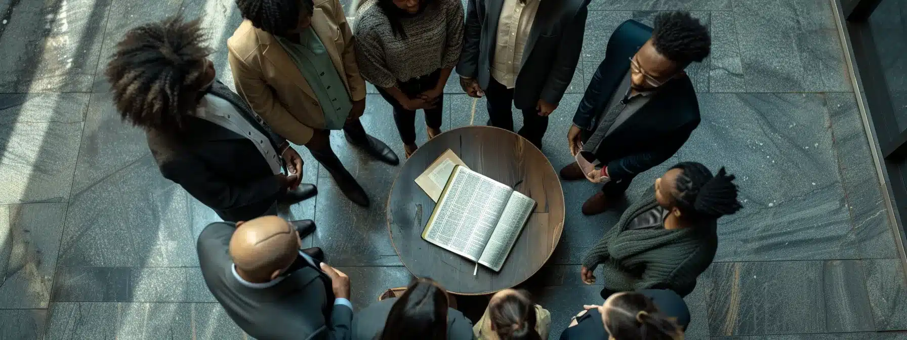 a group of diverse employees standing together in a circle, heads bowed in prayer, with a prominent bible open on a table in the center, symbolizing the integration of faith into organizational strategy.