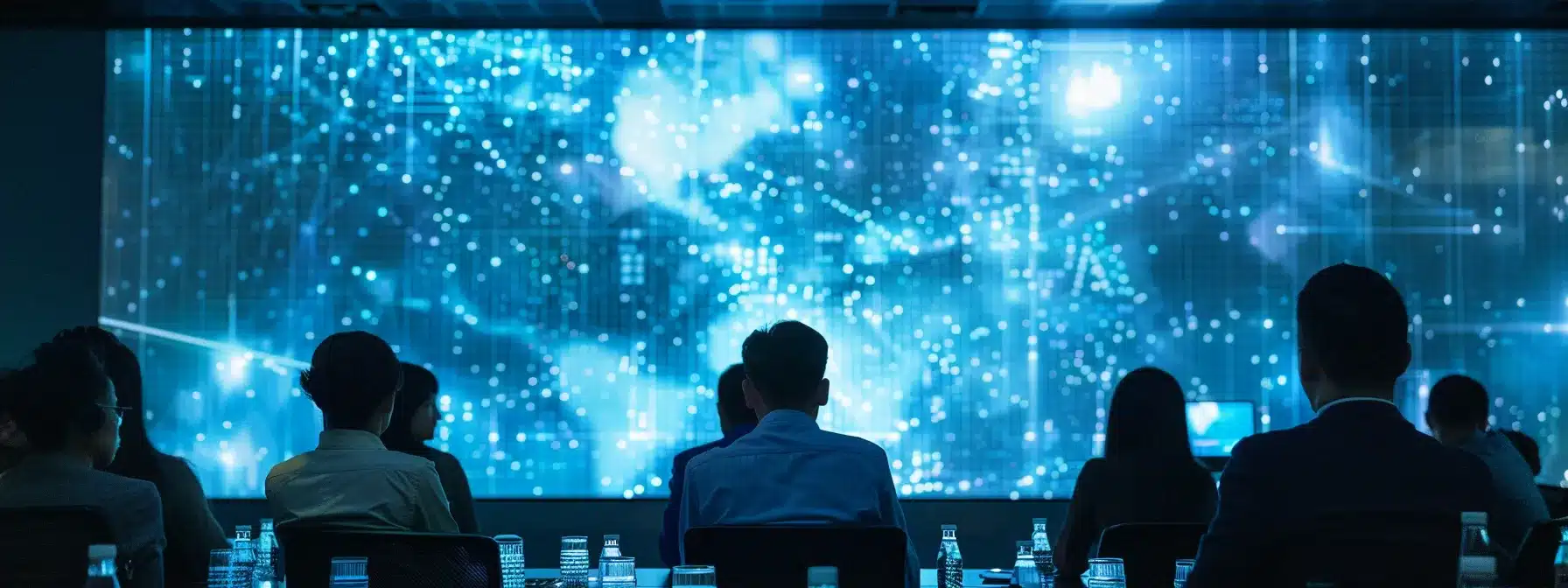 a futuristic conference room with a large screen displaying complex data visualizations, while a diverse group of consultants engage in a dynamic discussion surrounded by cutting-edge technology.