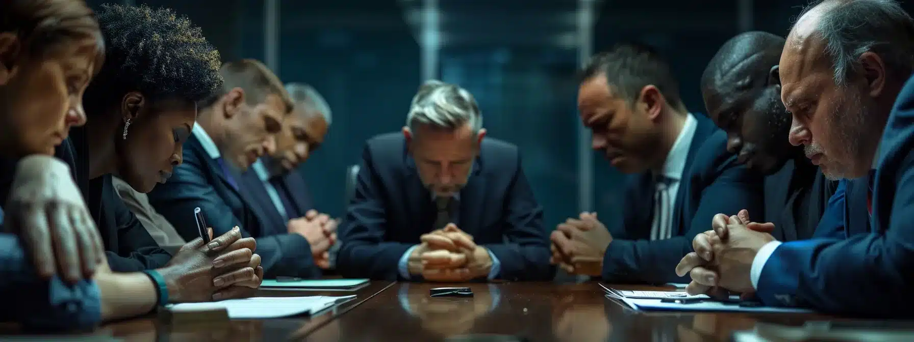 a group of diverse business leaders, heads bowed in prayer, discussing strategic decisions around a conference table.