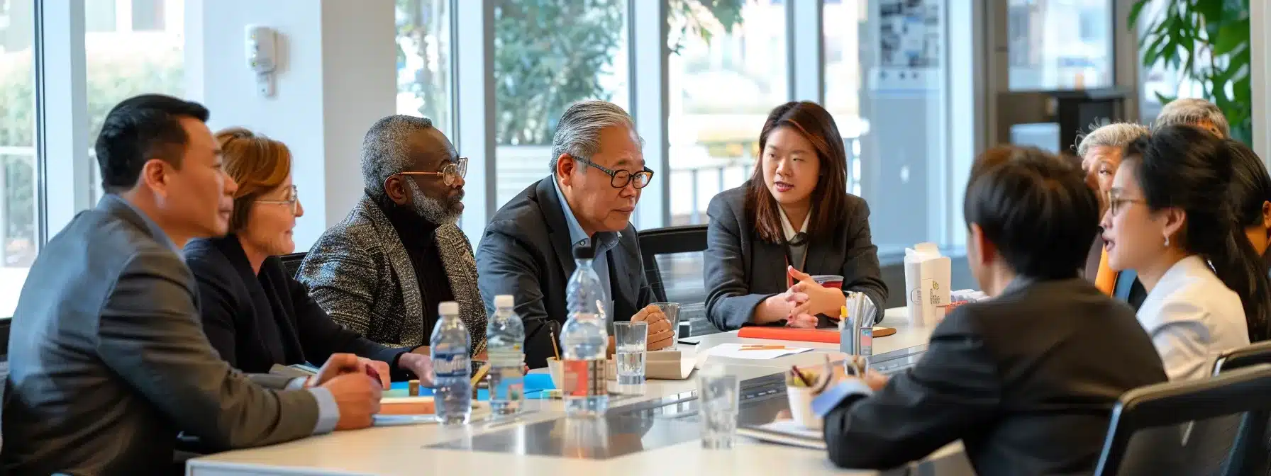 a group of diverse professionals gather around a conference table in a bright, modern office, where a pastor and chaplain lead a discussion on integrating christian principles into business culture.