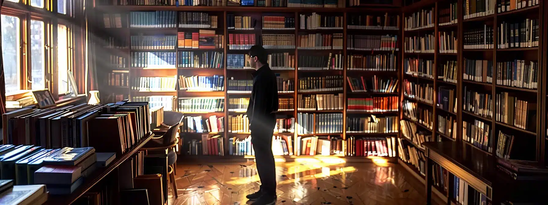 a person standing in a library, surrounded by shelves of books on christian leadership, deep in thought as they carefully evaluate different program options.