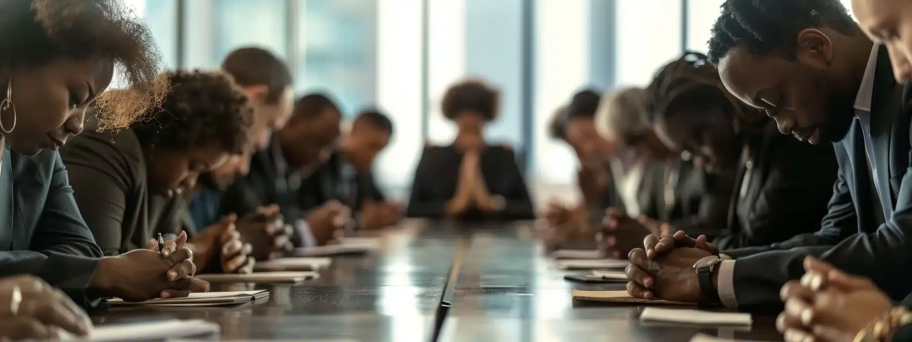 a diverse group of professionals gathered around a conference table, heads bowed in prayer, embodying a culture of ethical leadership and accountability in corporate decision-making.