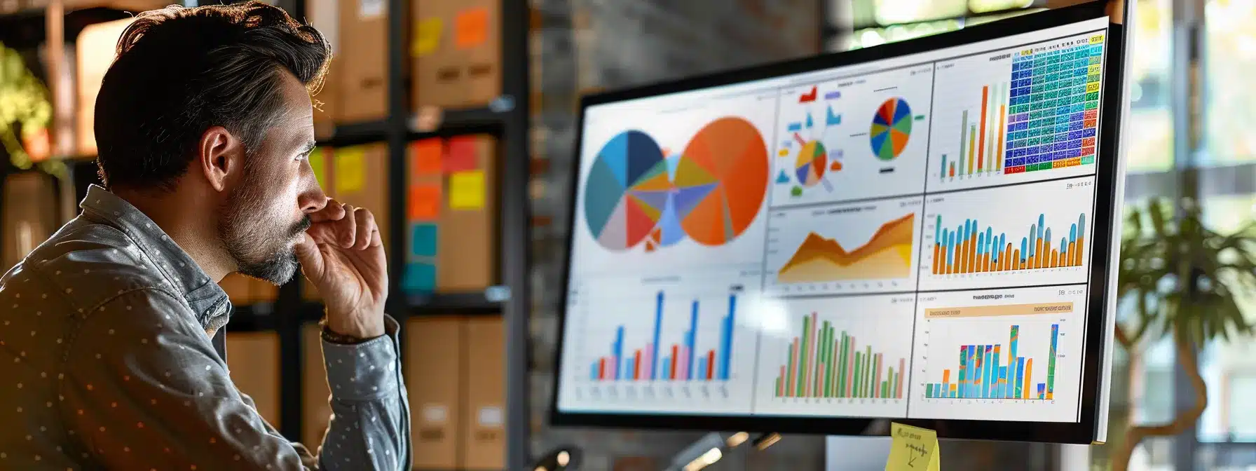 a businessman analyzing charts and graphs on a computer screen, surrounded by sticky notes and a whiteboard filled with strategic plans.