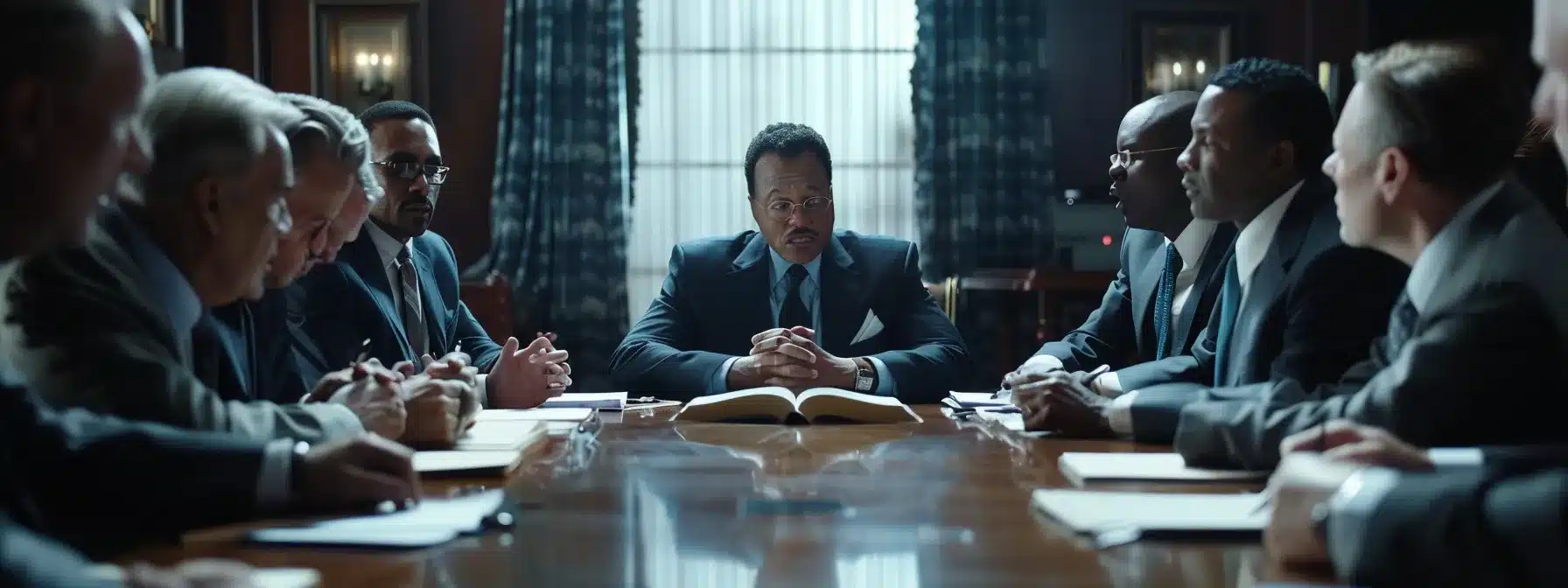 a group of diverse professionals in a boardroom, discussing business strategies with a bible and ethical guidelines displayed prominently on the table.