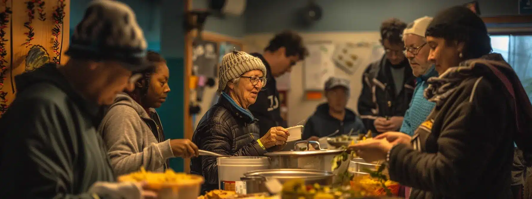 a group of diverse individuals volunteering at a homeless shelter, embodying the impact of faith-based metrics on community welfare.