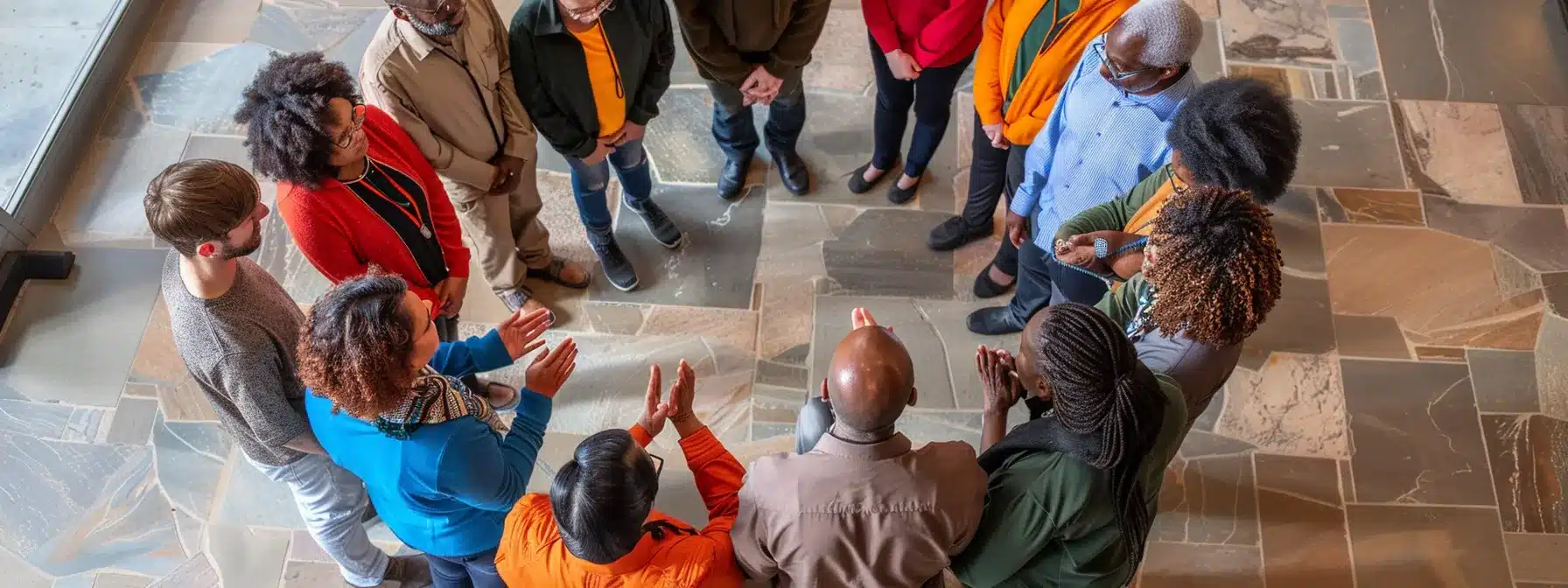 a diverse group of individuals engaging in team-building exercises during a christian leadership training program, showcasing unity and collaboration.