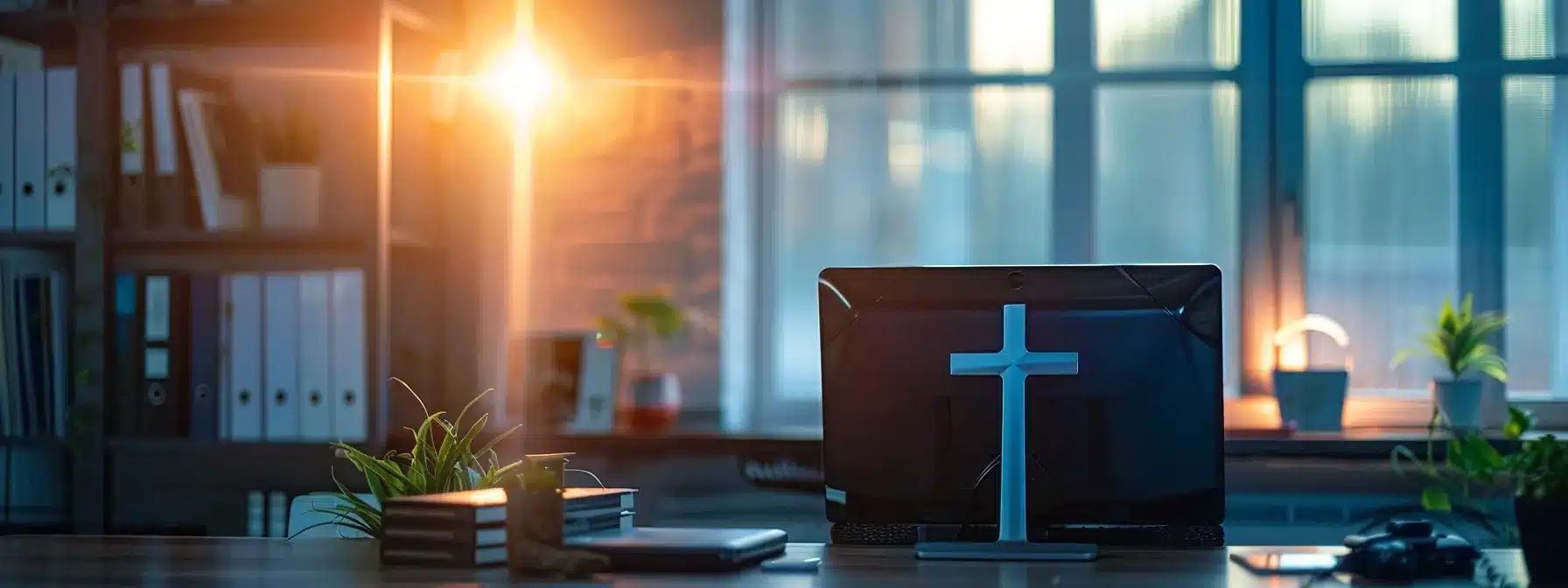 a serene office setting with a prominently displayed cross symbol, representing the integration of christian values into business ethics.