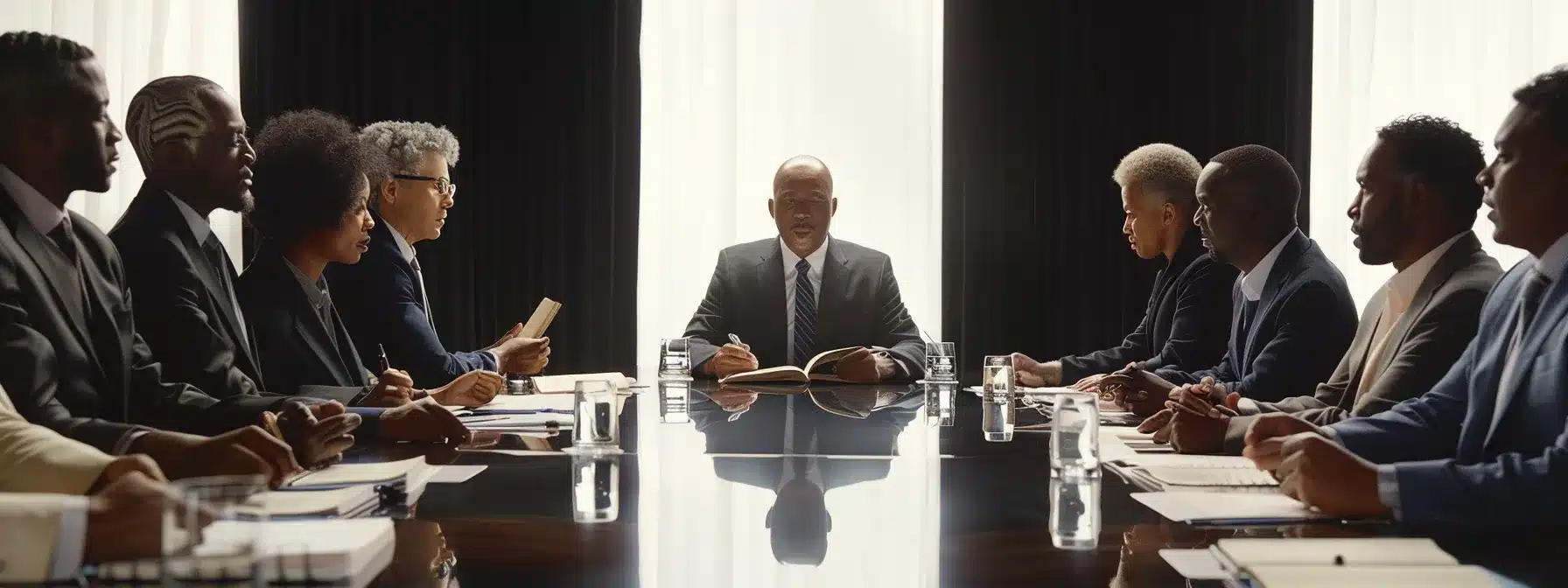 a group of diverse business professionals gather around a conference table, deep in discussion, with a bible open in the center, symbolizing the integration of christian values into corporate decision-making.