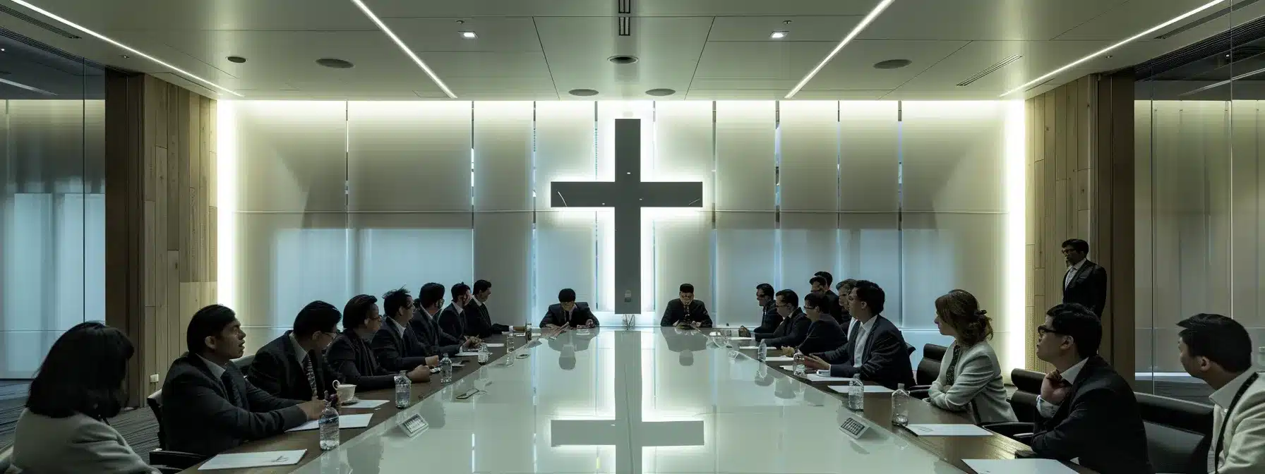 a boardroom meeting where employees are discussing business strategies with a large cross on the wall, symbolizing the integration of christian values into daily operations.