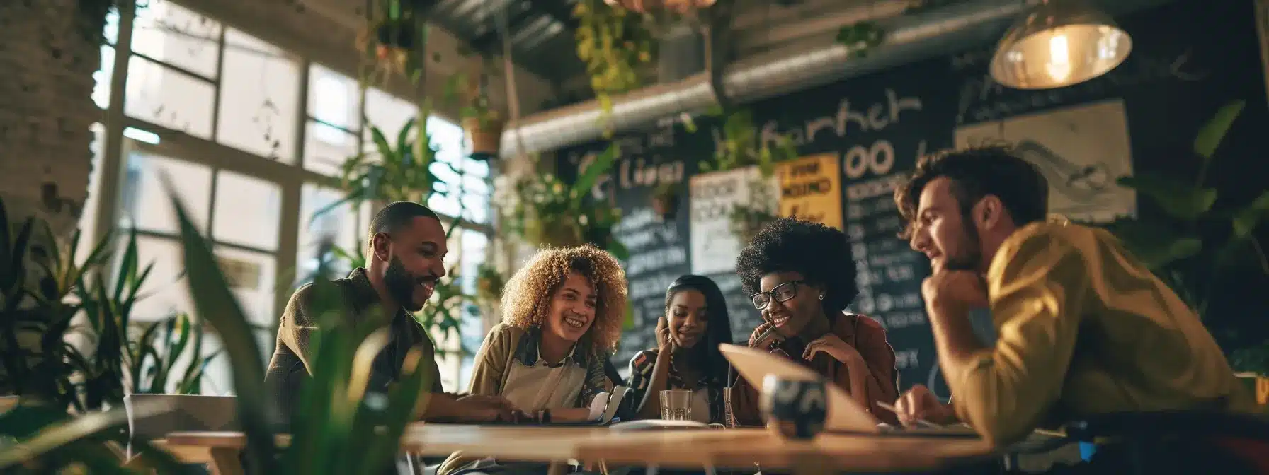 a group of diverse employees working together in an open office space decorated with bible verses and inspirational quotes, promoting honesty, transparency, and fairness in business operations.