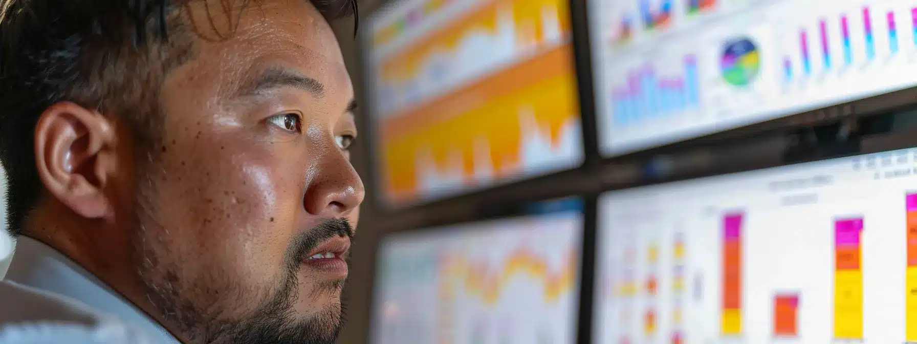 a focused individual analyzing charts and graphs with a serious expression, surrounded by computer screens displaying financial data and risk assessment tools.