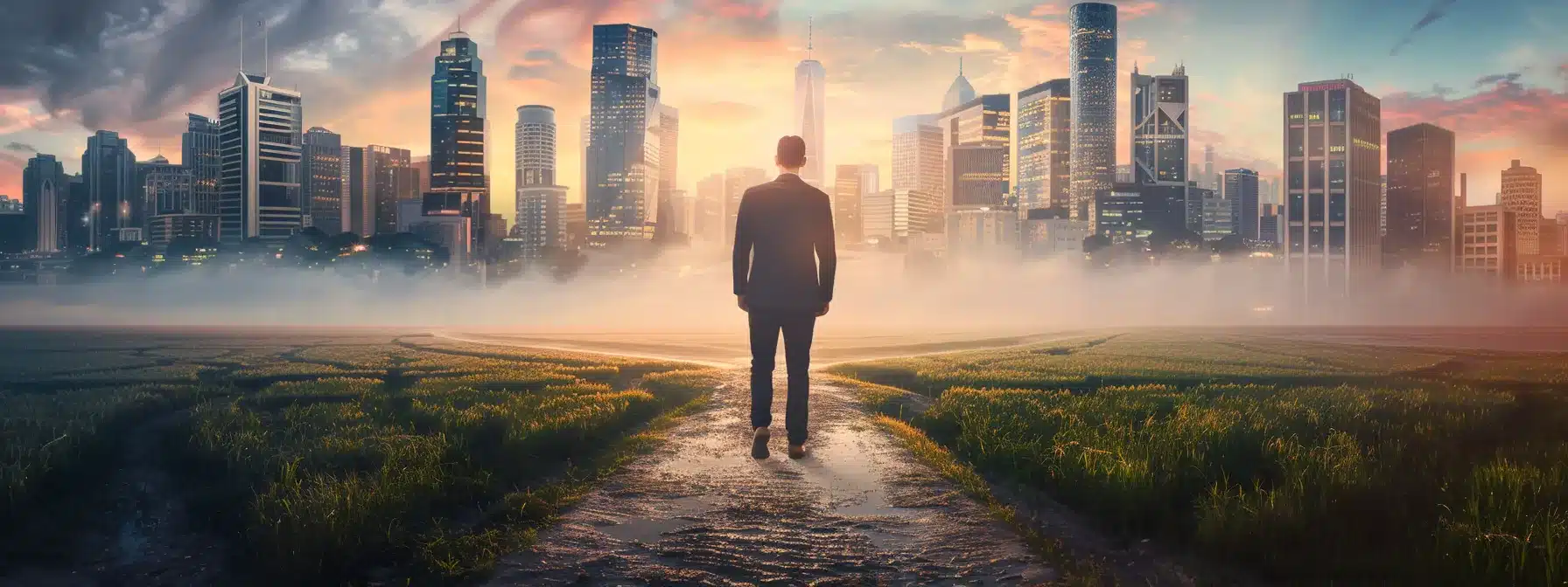 a businessman standing at a crossroads, one path leading to a city filled with skyscrapers representing secular ethics, and the other path leading to a calm church symbolizing religious ethics, with a thoughtful expression on his face as he contemplates the integration of faith and business.