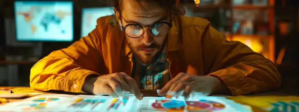 a person examining a table full of colorful graphs, charts, and data sets, with a determined expression on their face.