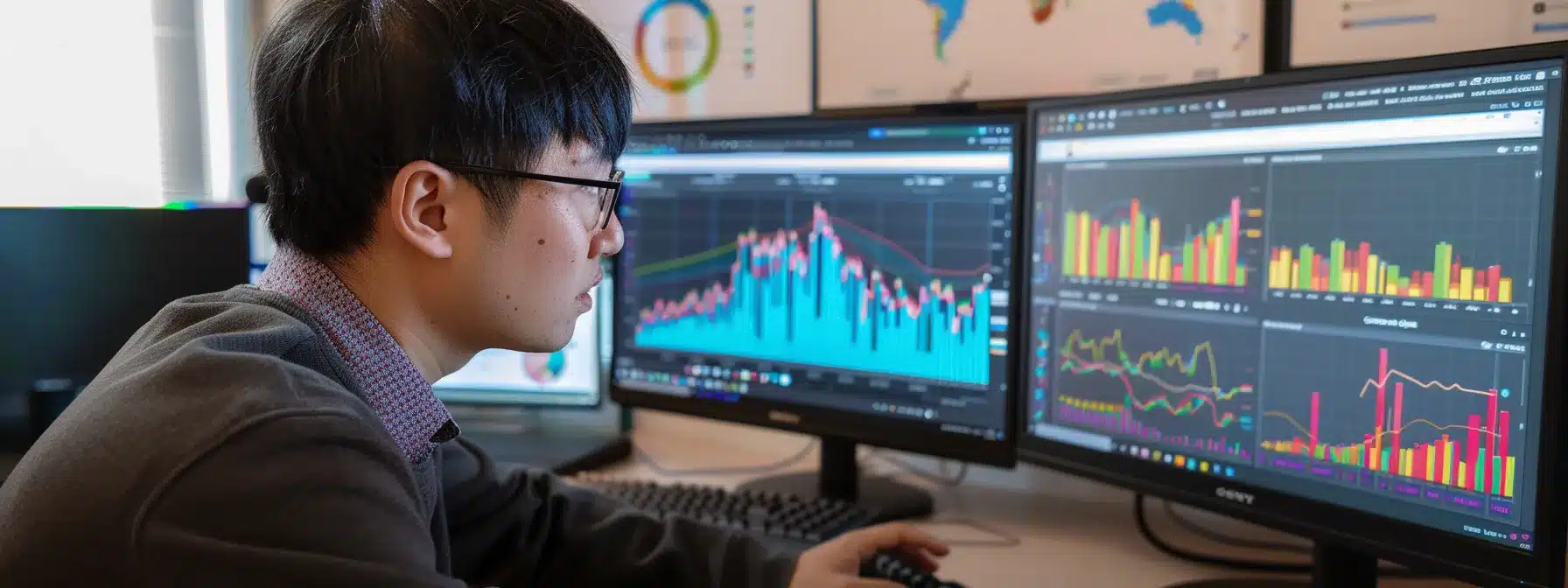 a person observing a dynamic, data-filled chart on a computer screen, analyzing market trends for strategic planning.